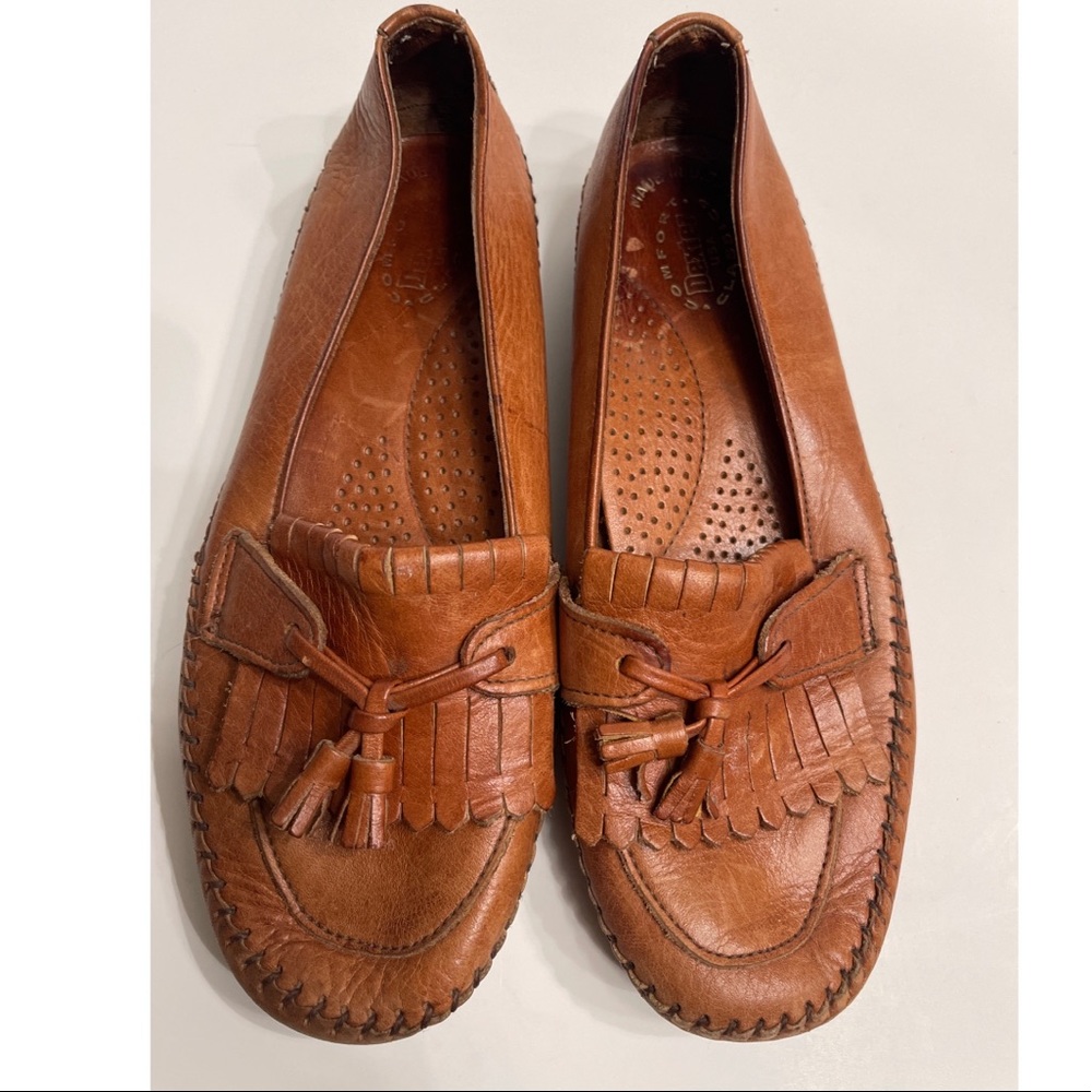 Vintage 90s y2k Dexter USA Leather fringe Loafers 7.5 Women’s Shoes Tan